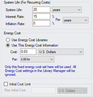 The System Life and Energy Cost settings in the Sizing Objective panel.